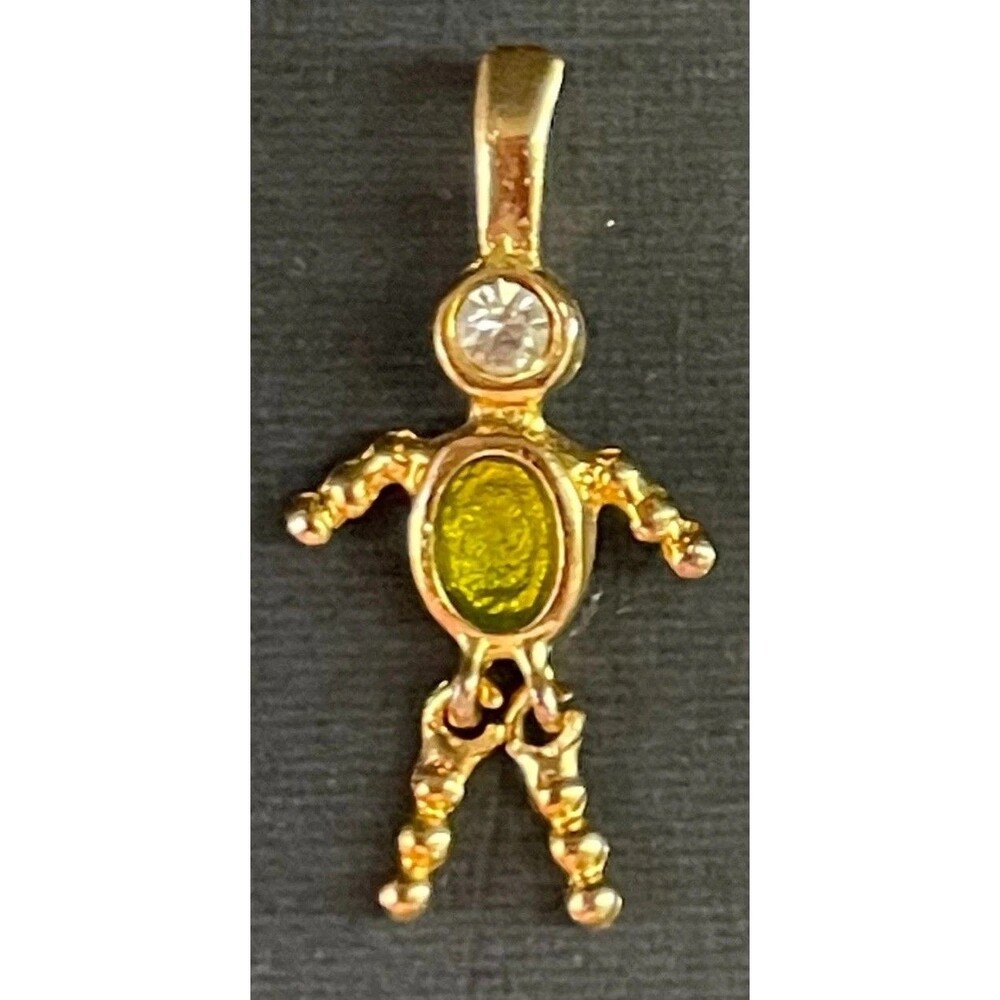 Vintage Gold Tone August Birthstone Boy Charm Clear & Green Crystal